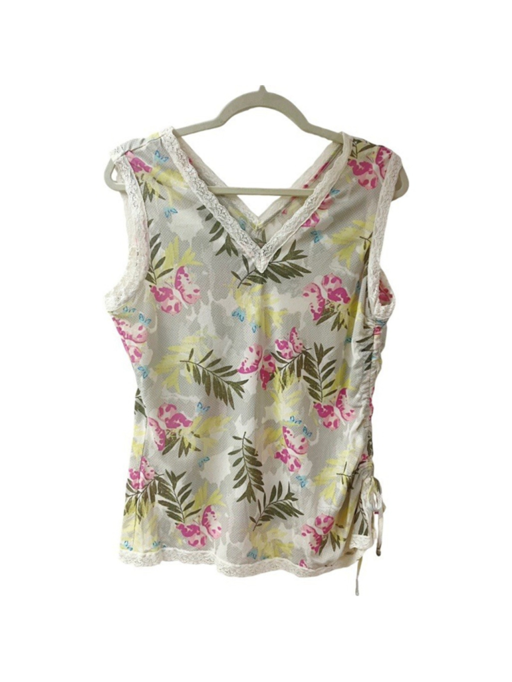 Y2K Butterfly Fairycore i.e. Mesh Lace Drawstring Tank Top LARGE Pastel Tropical